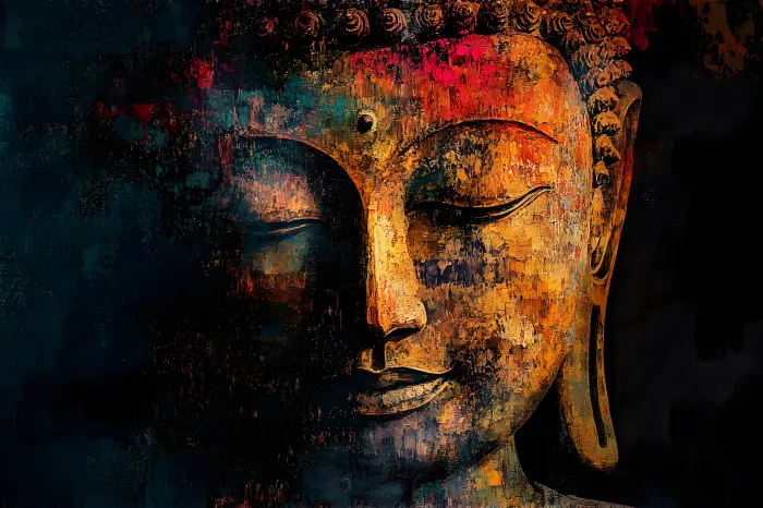 Abstract textured painting of Lord Buddha's face in warm gold and deep teal tones with serene closed eyes. | PrintPosters.in
